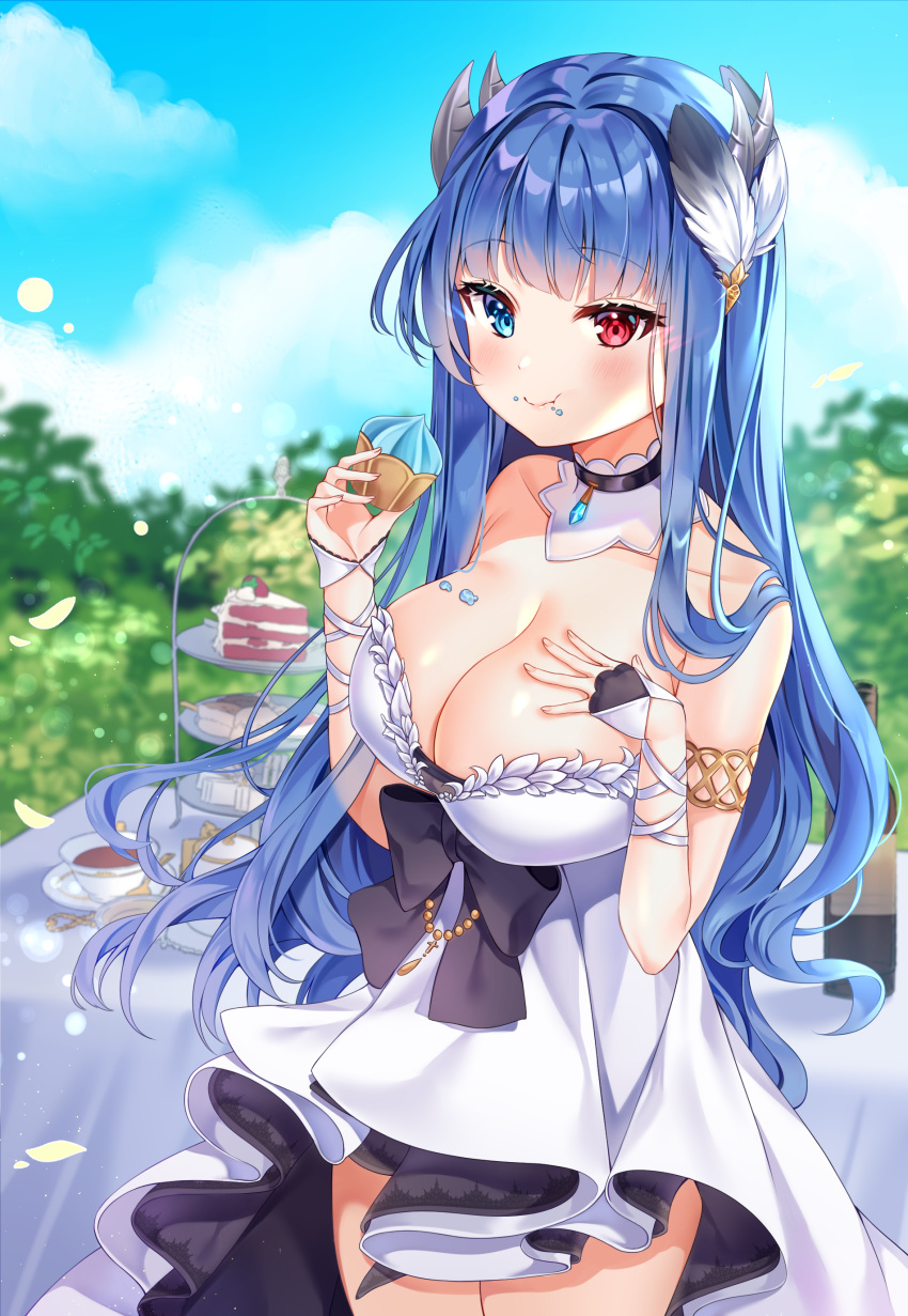 1girl absurdres alternate_costume armlet azur_lane bangs blue_eyes blue_hair blue_sky blush breasts choker commentary cowboy_shot day dress eating eyebrows_visible_through_hair feathers food full_mouth glint hair_feathers heterochromia highres holding holding_food horns ibuki_(azur_lane) ibuki_(snow_on_the_wind)_(azur_lane) large_breasts leaning_forward light_particles long_hair looking_at_viewer outdoors red_eyes reel37891 sidelocks sky solo strapless strapless_dress white_dress wind wrist_wrap