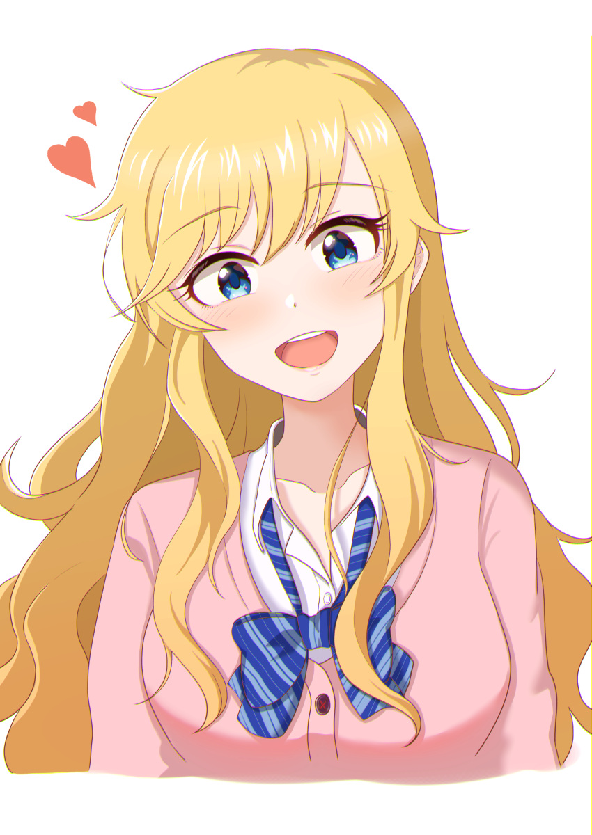 1girl absurdres blonde_hair blue_bow blue_eyes blush bow breasts collarbone commentary_request eyebrows_visible_through_hair heart highres idolmaster idolmaster_cinderella_girls idolmaster_cinderella_girls_starlight_stage jacket large_breasts long_hair looking_at_viewer ootsuki_yui open_mouth pink_jacket rrtp shirt simple_background smile solo upper_teeth wavy_hair white_background white_shirt