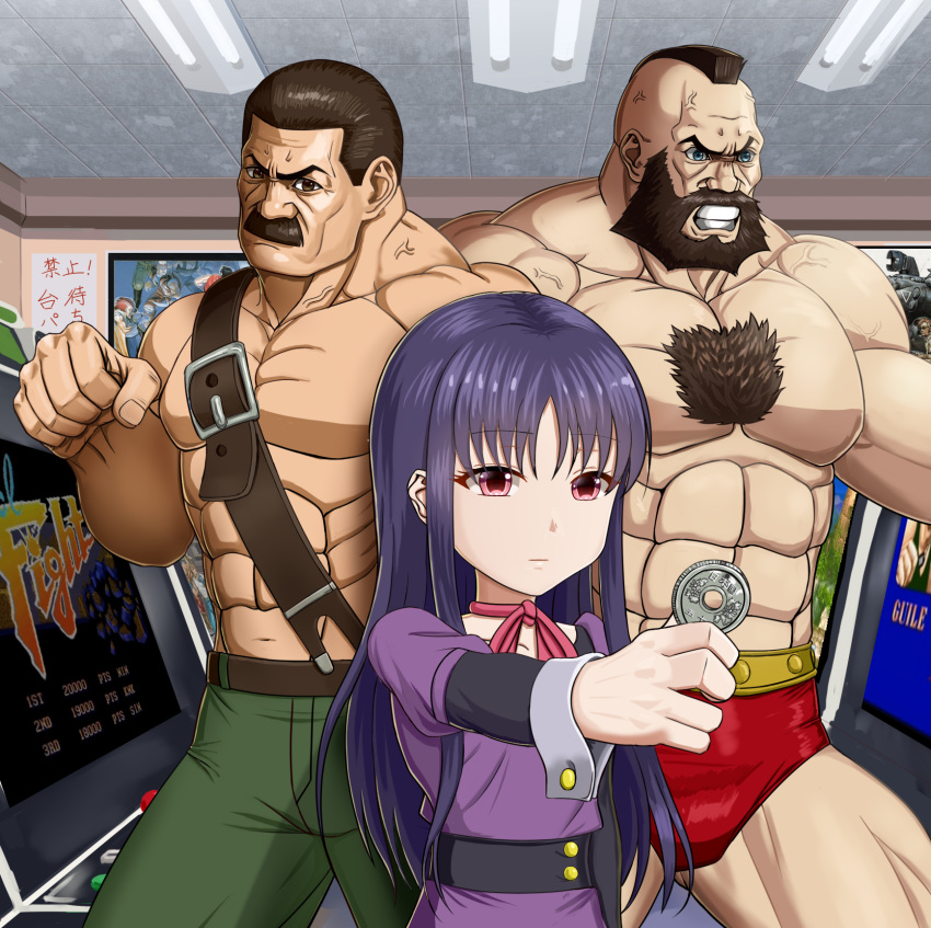 1girl 2boys abs arcade arcade_cabinet beard blue_eyes brown_eyes brown_hair chest_hair clenched_hand coin dress facial_hair final_fight green_pants guile high_score_girl highres indoors long_sleeves mike_haggar mohawk multiple_boys muscle mustache navel neck_ribbon oono_akira pants pink_eyes pink_ribbon poster_(object) purple_dress purple_hair ribbon standing street_fighter taka_(takahirokun) veins zangief