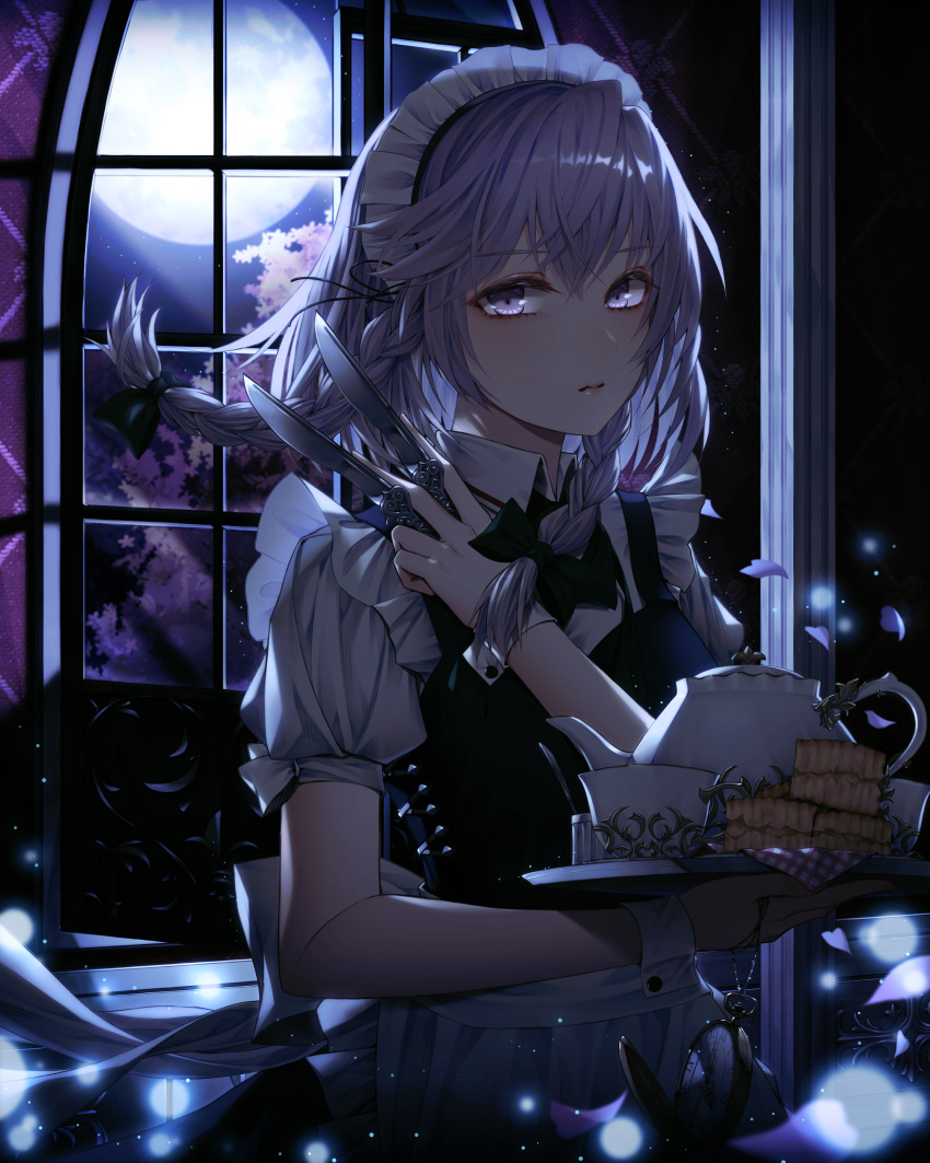 1girl absurdres apron blue_dress bow braid cecil86 dress floating_hair frilled_apron frills full_moon hair_bow highres holding holding_knife holding_tray indoors izayoi_sakuya knife light_particles maid maid_apron maid_headdress medium_hair moon moonlight petals puffy_short_sleeves puffy_sleeves purple_hair short_sleeves solo touhou tray twin_braids violet_eyes weapon wind window