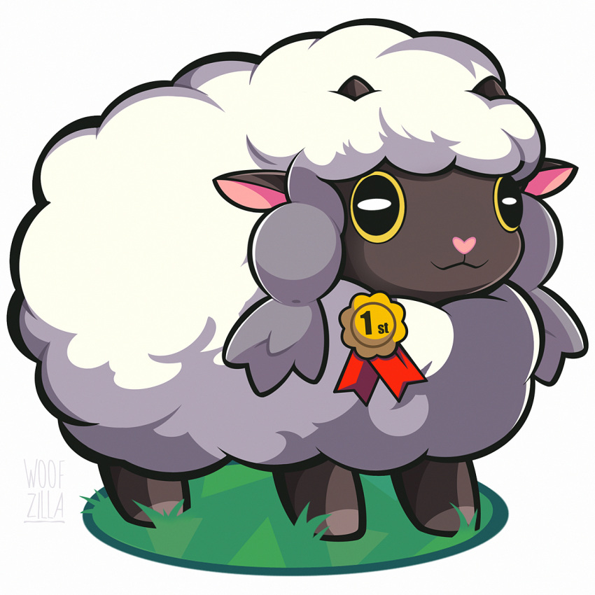 1other animal_ears artist_name black_eyes commentary creatures_(company) game_freak gen_8_pokemon heart highres horns nintendo no_humans olm_digital pokemon pokemon_(anime) pokemon_(creature) pokemon_(game) pokemon_swsh sheep smile woofzilla wooloo