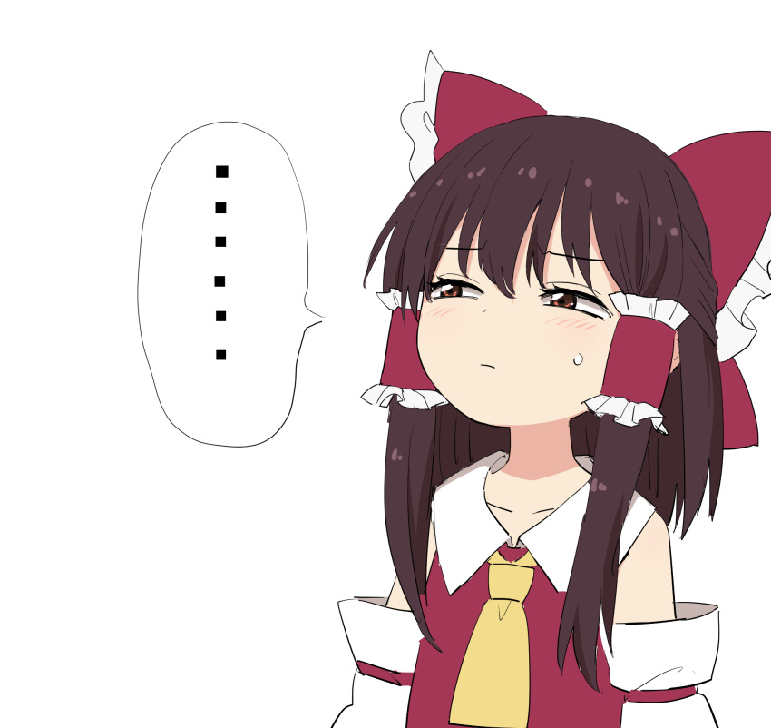 ... 1girl ascot bangs bare_shoulders black_hair blush bow collarbone commentary_request detached_sleeves eyebrows_visible_through_hair hair_between_eyes hair_bow hair_tubes hakurei_reimu half-closed_eyes highres leon_(mikiri_hassha) long_hair long_sleeves red_bow red_eyes sidelocks simple_background solo spoken_ellipsis sweat touhou upper_body white_background yellow_neckwear