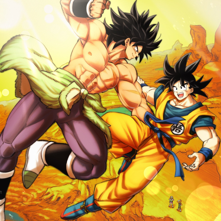 1girl 3boys abs black_eyes black_hair blurry bokeh boots broly_(dragon_ball_super) cheelai chest_scar clenched_hand clothes_around_waist clothes_writing day depth_of_field dougi dragon_ball dragon_ball_super_broly fighting fighting_stance fingernails floating_hair flying from_above frown full_body highres horizon lemo_(dragon_ball) light_rays looking_at_another looking_down looking_up mattari_illust mountain multiple_boys muscle nipples open_mouth orange_sky outdoors pectorals profile purple_legwear scar shirtless sky son_gokuu spiky_hair standing sun sunlight teeth waist_cape white_footwear wristband