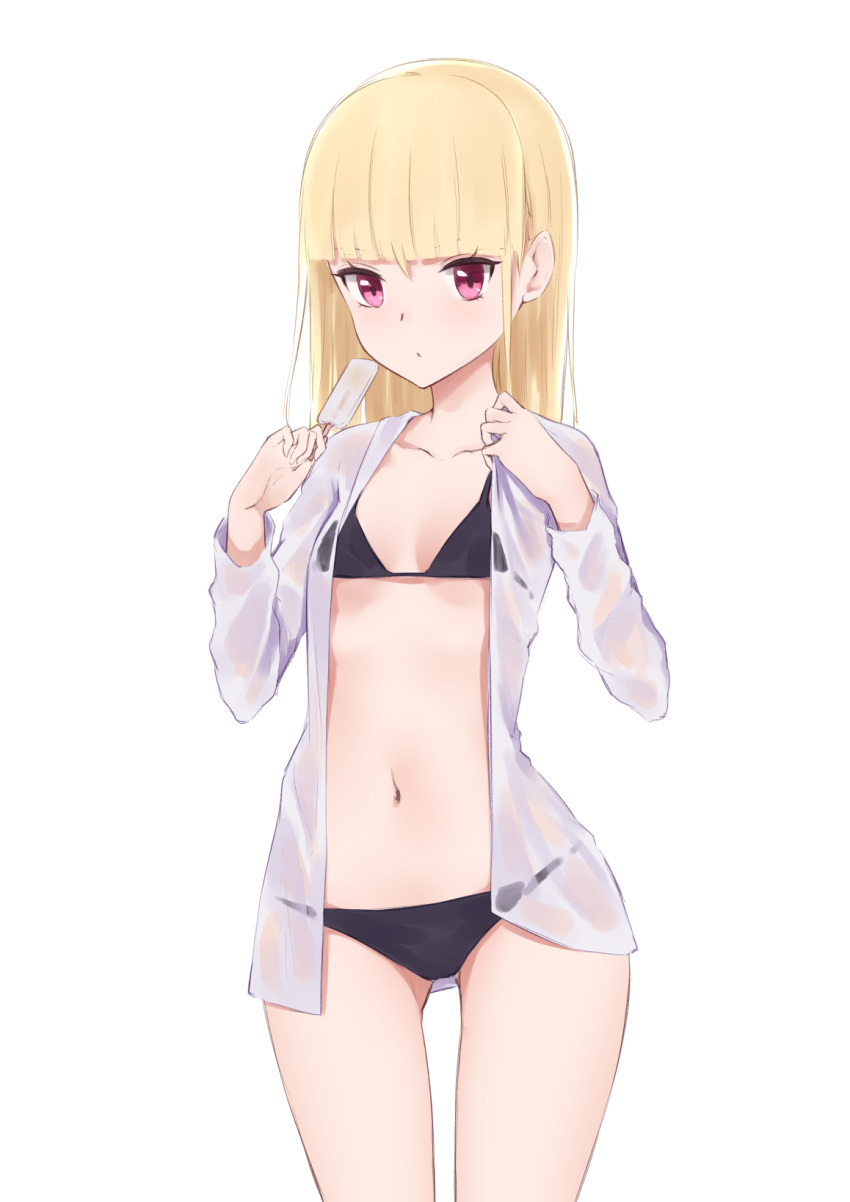 1girl ass_visible_through_thighs bangs bikini bikini_under_clothes black_bikini blonde_hair blunt_bangs breasts closed_mouth collarbone collared_shirt commentary_request eyebrows_visible_through_hair food highres holding holding_food jilu long_hair long_sleeves looking_at_viewer navel open_clothes open_shirt original popsicle red_eyes shirt simple_background small_breasts solo swimsuit white_background white_shirt