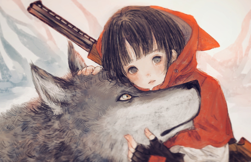 1girl 1other bangs big_bad_wolf_(grimm) black_hair fairy_tales fingerless_gloves gloves grey_eyes gun highres hood hood_down little_red_riding_hood little_red_riding_hood_(grimm) looking_at_viewer orie_h petting realistic rifle tears weapon wolf yellow_eyes