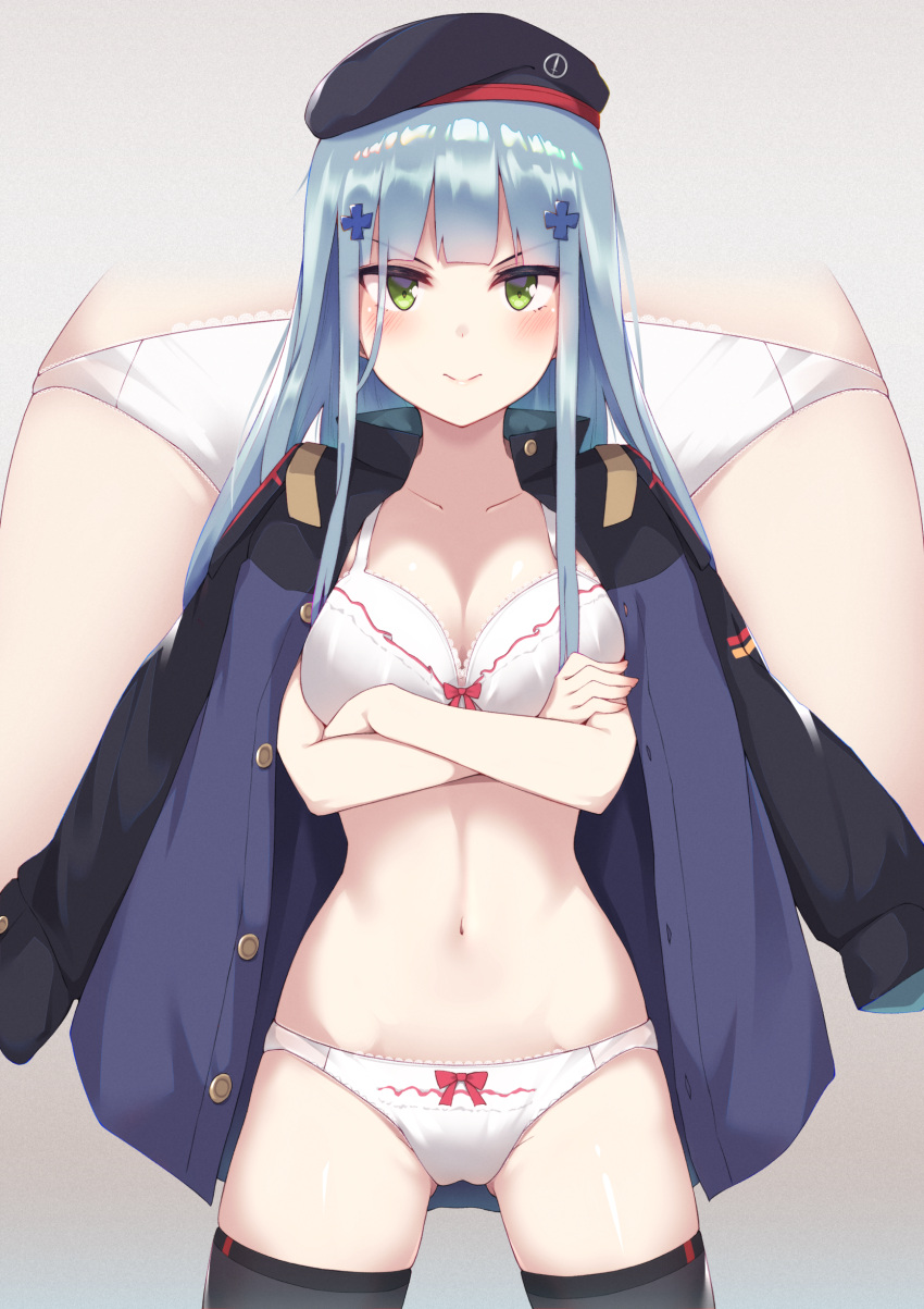 1girl absurdres bangs beret blue_hair blunt_bangs blush bow bow_panties breasts bushinofuji closed_mouth cowboy_shot crossed_arms eyebrows_visible_through_hair girls_frontline green_eyes groin hair_ornament hat highres hk416_(girls_frontline) jacket large_breasts legs_apart long_hair looking_at_viewer navel open_clothes open_jacket panties simple_background skindentation smile smug stomach thighs underwear white_panties zoom_layer
