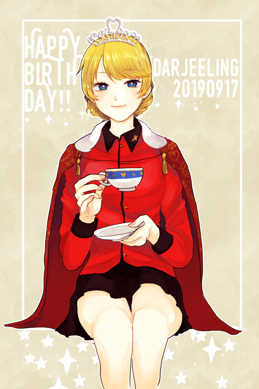 1girl arai_ako black_skirt blonde_hair blue_eyes braid bright_pupils cape character_name commentary_request cup darjeeling dated english_text eyebrows_visible_through_hair girls_und_panzer happy_birthday highres holding holding_cup holding_saucer insignia jacket long_sleeves looking_at_viewer military military_uniform miniskirt open_mouth outline pleated_skirt red_cape red_jacket short_hair skirt smile solo sparkle st._gloriana's_military_uniform teacup tiara tied_hair twin_braids uniform white_outline white_pupils