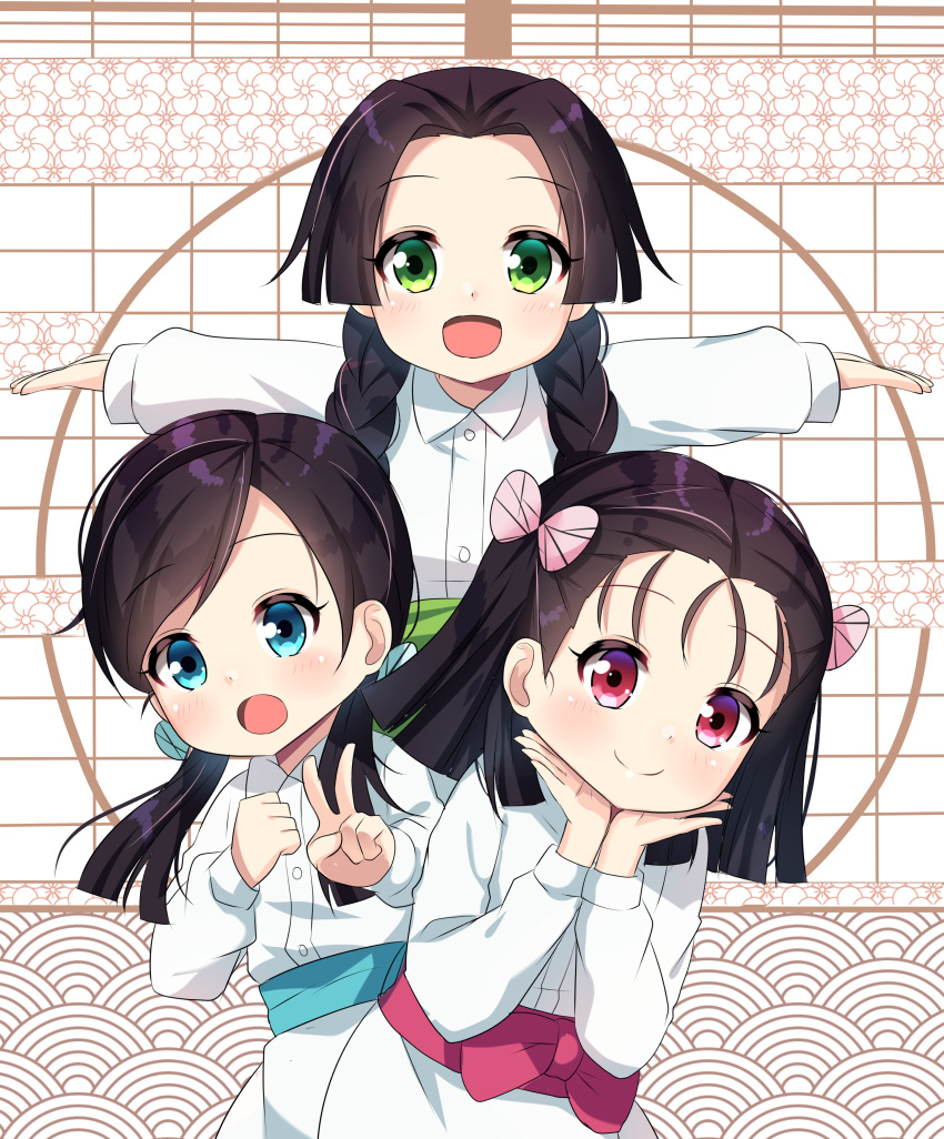 3girls :d absurdres agung_syaeful_anwar bangs black_hair blue_bow blue_eyes blush bow braid character_request closed_mouth collared_shirt commentary dress_shirt eyebrows_visible_through_hair forehead green_eyes hair_bow highres kimetsu_no_yaiba long_hair long_sleeves low_twintails multiple_girls open_mouth outstretched_arms parted_bangs pink_bow puffy_long_sleeves puffy_sleeves red_eyes sash shirt skirt sleeves_past_wrists smile spread_arms terauchi_kiyo twin_braids twintails v white_shirt white_skirt