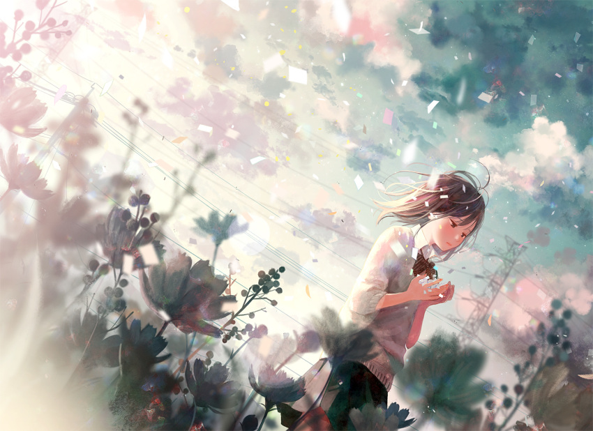 1girl blush bow brown_hair clouds cloudy_sky commentary_request dutch_angle flower medium_hair nakamura_hinata original outdoors petals pleated_skirt red_bow school_uniform short_sleeve_sweater skirt sky solo transmission_tower wind