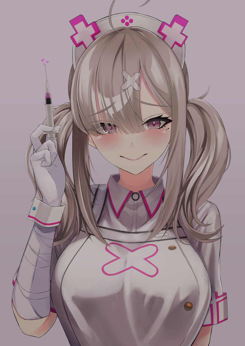 1girl absurdres ahoge apron bangs blush breasts buttons closed_mouth dress gloves grey_background hair_ornament hair_over_one_eye hat heart highres holding holding_syringe large_breasts long_hair looking_at_viewer mole mole_under_eye nijisanji nurse nurse_cap short_sleeves silver_hair simple_background smile solo sukoya_kana syringe toshise. twintails violet_eyes virtual_youtuber white_apron white_dress white_gloves wrist_cuffs x_hair_ornament