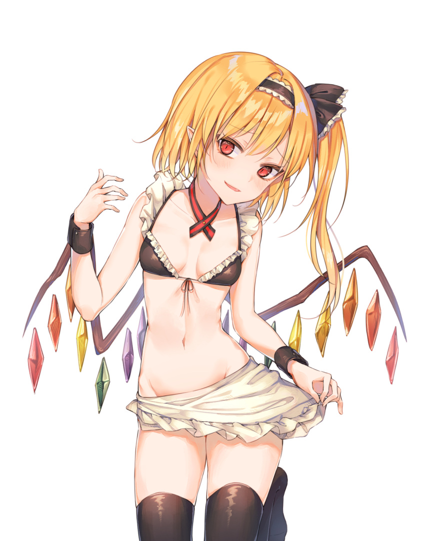 1girl :d alternate_costume apron bangs bare_arms bare_shoulders bikini black_bikini black_hairband black_legwear black_ribbon blonde_hair blush breasts cha_chya collarbone commentary cowboy_shot crystal enmaided eyebrows_visible_through_hair fang flandre_scarlet frilled_apron frilled_bikini frilled_ribbon frills front-tie_bikini front-tie_top groin hair_ribbon hairband hand_up highres long_hair looking_at_viewer maid maid_apron maid_bikini navel no_hat no_headwear no_shoes one_side_up open_mouth pointy_ears red_eyes ribbon sidelocks simple_background small_breasts smile solo stomach swimsuit thigh-highs thighs touhou waist_apron white_apron white_background wings wrist_cuffs zettai_ryouiki