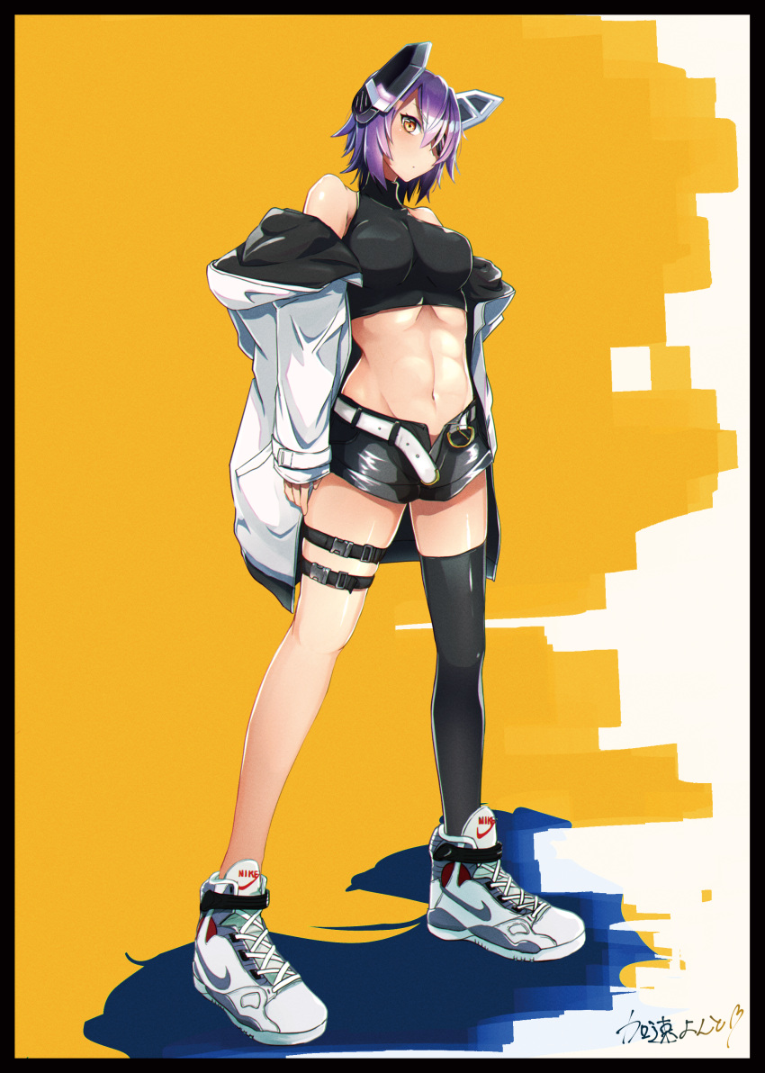 1girl absurdres alternate_costume bare_shoulders black_legwear black_shorts breasts commentary_request crop_top eyepatch full_body headgear highres jacket kantai_collection kasoku_souchi long_sleeves medium_breasts midriff navel nike off_shoulder purple_hair shoes short_hair short_shorts shorts single_thighhigh sneakers solo standing tenryuu_(kantai_collection) thigh-highs thigh_strap white_footwear white_jacket yellow_background yellow_eyes