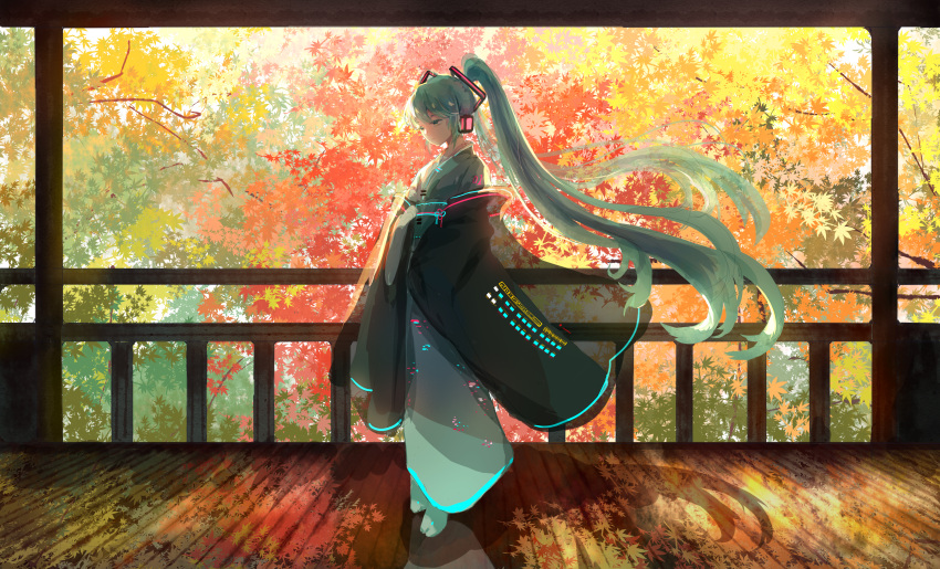 1girl absurdres adapted_costume amino_photo aqua_eyes aqua_hair aqua_kimono autumn_leaves black_sleeves branch commentary expressionless hair_ornament half-closed_eyes handrail hatsune_miku headphones highres huge_filesize japanese_clothes kimono leaf long_hair looking_down maple_leaf neon_trim no_shoes obi sash scenery solo standing symbol_commentary tree twintails very_long_hair vocaloid wide_shot wooden_floor