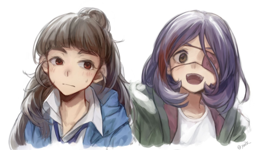 2girls :d :| bangs blunt_bangs blush brown_eyes brown_hair closed_mouth collared_shirt commentary eyebrows eyebrows_visible_through_hair eyepatch fang hair_bun hayasaka_mirei heart heart_eyepatch highres idolmaster idolmaster_cinderella_girls idolmaster_cinderella_girls_starlight_stage jacket kamiya_nao long_hair looking_at_viewer looking_to_the_side loose_necktie multicolored_hair multiple_girls necktie open_clothes open_jacket open_mouth purple_hair red_eyes shirt simple_background sketch smile streaked_hair sweatdrop thick_eyebrows twitter_username upper_body white_background yul_(user_gyut3424)