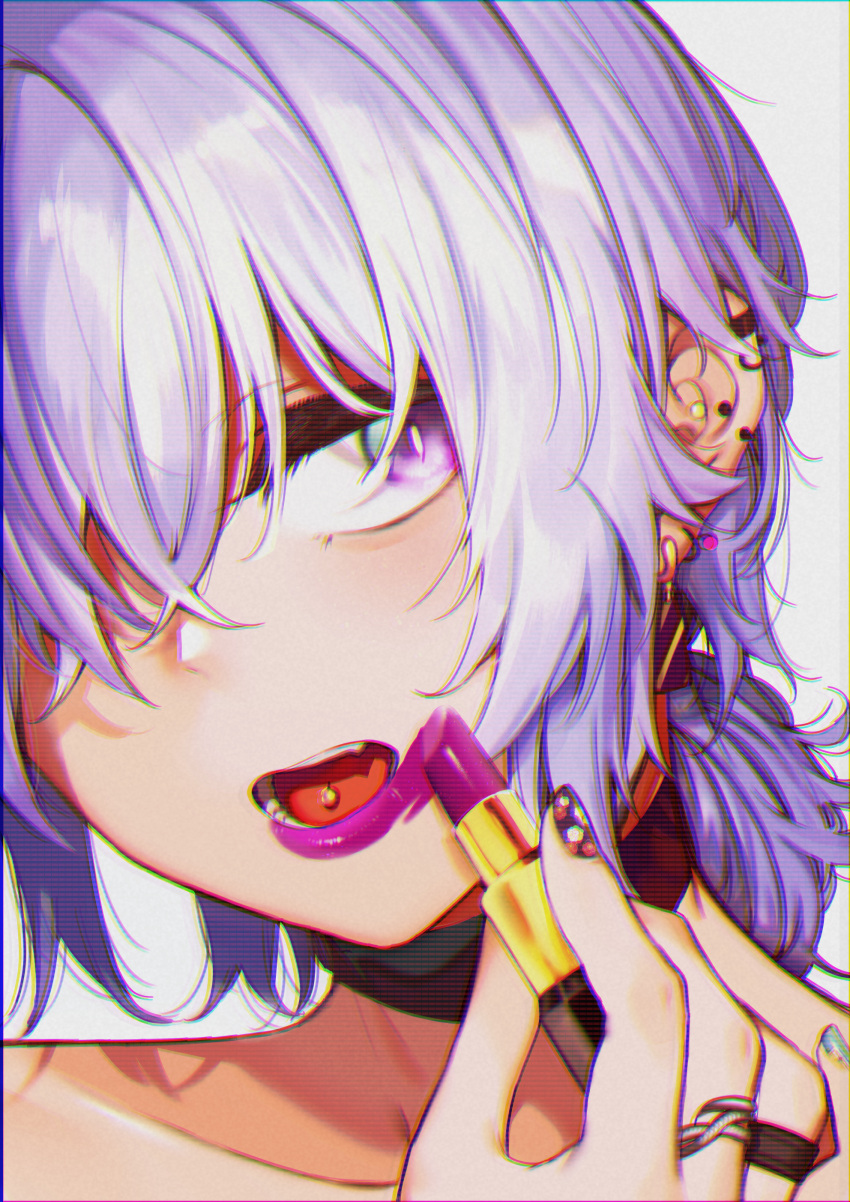 1girl absurdres akagi_asahito applying_makeup chromatic_aberration ear_piercing earrings face fuha_mika hair_over_one_eye highres jewelry lipstick lipstick_tube makeup nail_art open_mouth original piercing purple_hair purple_lips ring short_hair simple_background smeared_lipstick solo tongue_piercing violet_eyes white_background