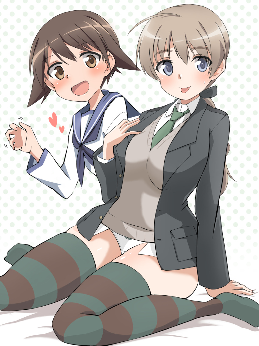 2girls black_jacket blazer blue_eyes blue_neckwear blue_sailor_collar braid brown_eyes brown_hair commentary_request curled_fingers full_body green_neckwear hair_flaps heart highres jacket long_hair looking_at_viewer lynette_bishop miyafuji_yoshika multiple_girls neckerchief necktie panties polka_dot polka_dot_background sailor_collar sailor_shirt shirt short_hair single_braid sitting strike_witches striped striped_legwear sweater_vest thigh-highs tongue tongue_out underwear vr46 wariza white_background white_panties white_shirt world_witches_series