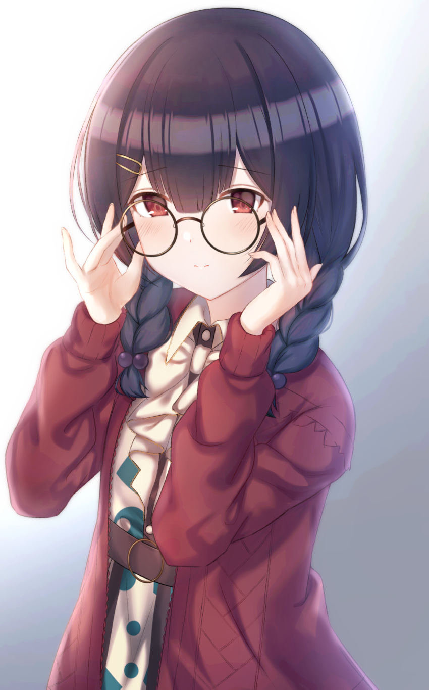 1girl absurdres adjusting_eyewear bangs black_hair braid closed_mouth collared_shirt cotrpopor eyebrows_visible_through_hair glasses gradient gradient_background grey_background hair_between_eyes hair_bobbles hair_ornament hair_over_shoulder hairclip hands_up highres idolmaster idolmaster_shiny_colors jacket long_sleeves looking_at_viewer medium_hair morino_rinze open_clothes open_jacket red_eyes red_jacket round_eyewear shiny shiny_hair shirt sidelocks solo symbol_commentary twin_braids upper_body white_background white_shirt
