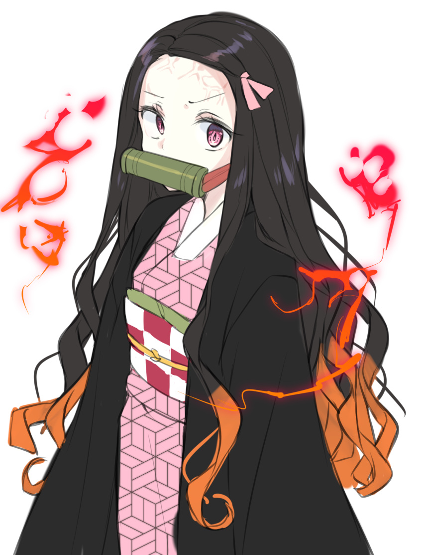 1girl bangs bit_gag black_hair breasts commentary energy gag hair_ribbon highres japanese_clothes kamado_nezuko kimetsu_no_yaiba kimono long_hair long_sleeves looking_at_viewer multicolored_hair pink_eyes pink_kimono ribbon simple_background solo urim_(paintur) white_background