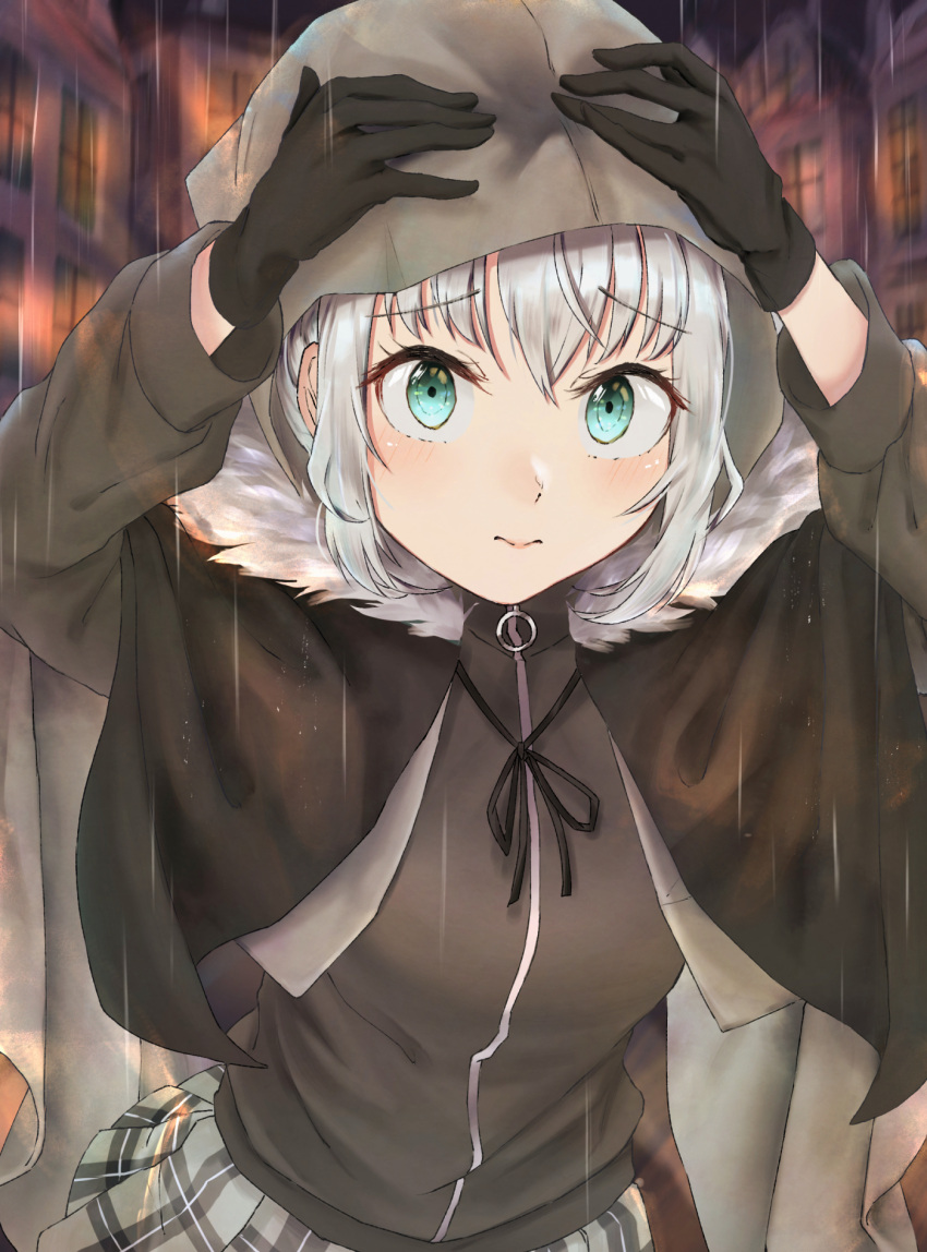 1girl artist_request bangs black_gloves black_ribbon blush breasts cloak commentary_request eyebrows_visible_through_hair fate/grand_order fate_(series) fur_trim gloves gray_(lord_el-melloi_ii) green_eyes grey_hair grey_skirt hair_between_eyes highres hood hood_up long_sleeves looking_at_viewer lord_el-melloi_ii_case_files medium_breasts medium_hair outdoors ribbon skirt solo