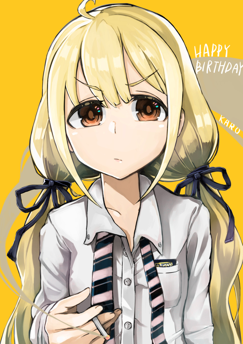 &gt;:/ 1girl alternate_costume artist_name blonde_hair blue_ribbon breast_pocket cigarette cigarette_box commentary_request dress_shirt flat_chest futaba_anzu hair_ribbon happy_birthday highres holding holding_cigarette idolmaster idolmaster_cinderella_girls long_hair looking_to_the_side low_twintails orange_background orion_cocoa_cigarettes paeonia1202 pocket red_eyes ribbon shirt simple_background smoke smoking solo striped striped_neckwear twintails undone_tie white_shirt