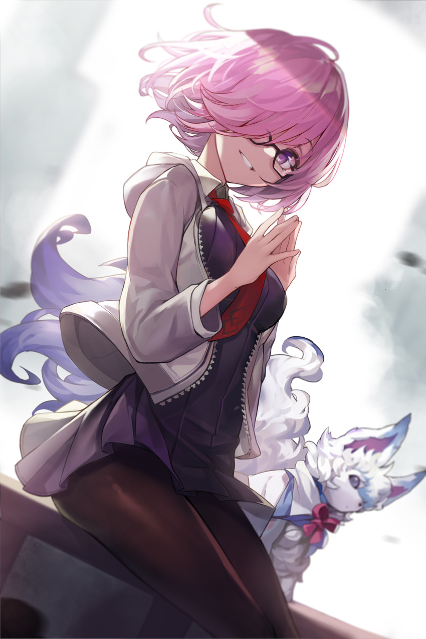 1girl brown_legwear eyebrows_visible_through_hair fate/grand_order fate_(series) fou_(fate/grand_order) glasses goomrrat hair_over_one_eye highres long_sleeves looking_at_viewer mash_kyrielight necktie pantyhose pink_hair red_neckwear short_hair sitting smile solo violet_eyes