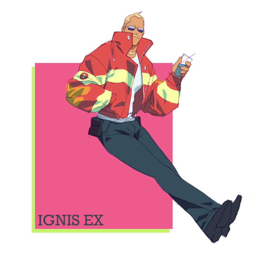 1boy alterab black_pants blonde_hair character_name cup facial_hair firefighter full_body hand_in_pocket highres holding holding_cup holding_drink ignis_ex jacket looking_at_viewer male_focus mustache pants pink_background pouch promare red_jacket simple_background solo sunglasses tan white_background