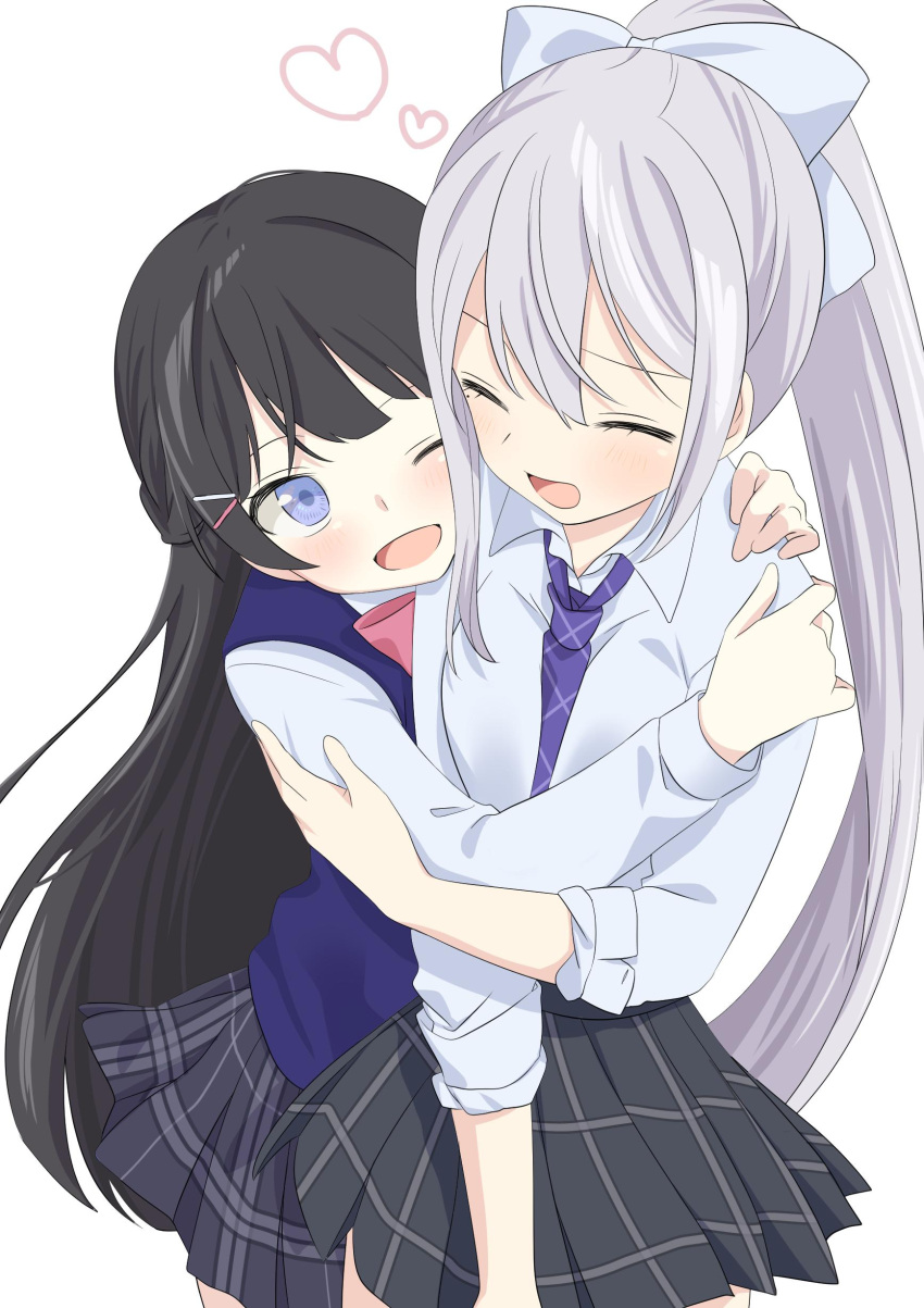 2girls :d absurdres black_hair blue_eyes blue_neckwear blush closed_eyes cowboy_shot grey_hair hair_ornament hairclip highres higuchi_kaede hug hug_from_behind long_hair long_sleeves mole mole_under_eye multiple_girls necktie nijisanji one_eye_closed open_mouth pleated_skirt ponytail simple_background skirt sleeves_rolled_up smile tsukino_mito tunokiti white_background