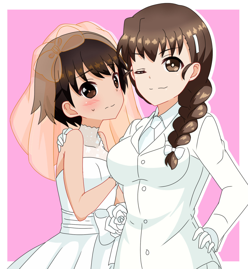 2girls blush braid breasts bridal_veil brown_hair closed_mouth dress formal girls_und_panzer gloves hair_ornament hairclip hand_on_another's_shoulder hand_on_hip highres isobe_noriko large_breasts long_hair looking_at_viewer multiple_girls one_eye_closed pink_background rukuriri shiny shiny_hair shiny_skin short_hair simple_background small_breasts smile suit sweat tanutika veil wedding wedding_dress white_gloves white_suit yuri
