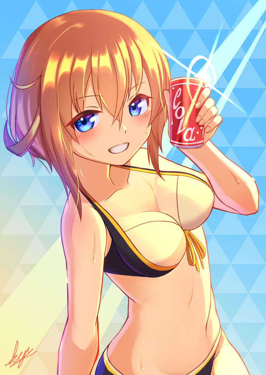 1girl absurdres alice_gear_aegis bikini black_bikini blue_eyes blush breasts can coca-cola cola eyebrows_visible_through_hair front-tie_bikini front-tie_top grin hair_between_eyes highres holding holding_can kanagata_sugumi kyu_(wein-seria) looking_at_viewer medium_breasts orange_hair short_hair signature smile soda_can solo sweat swimsuit two-tone_bikini