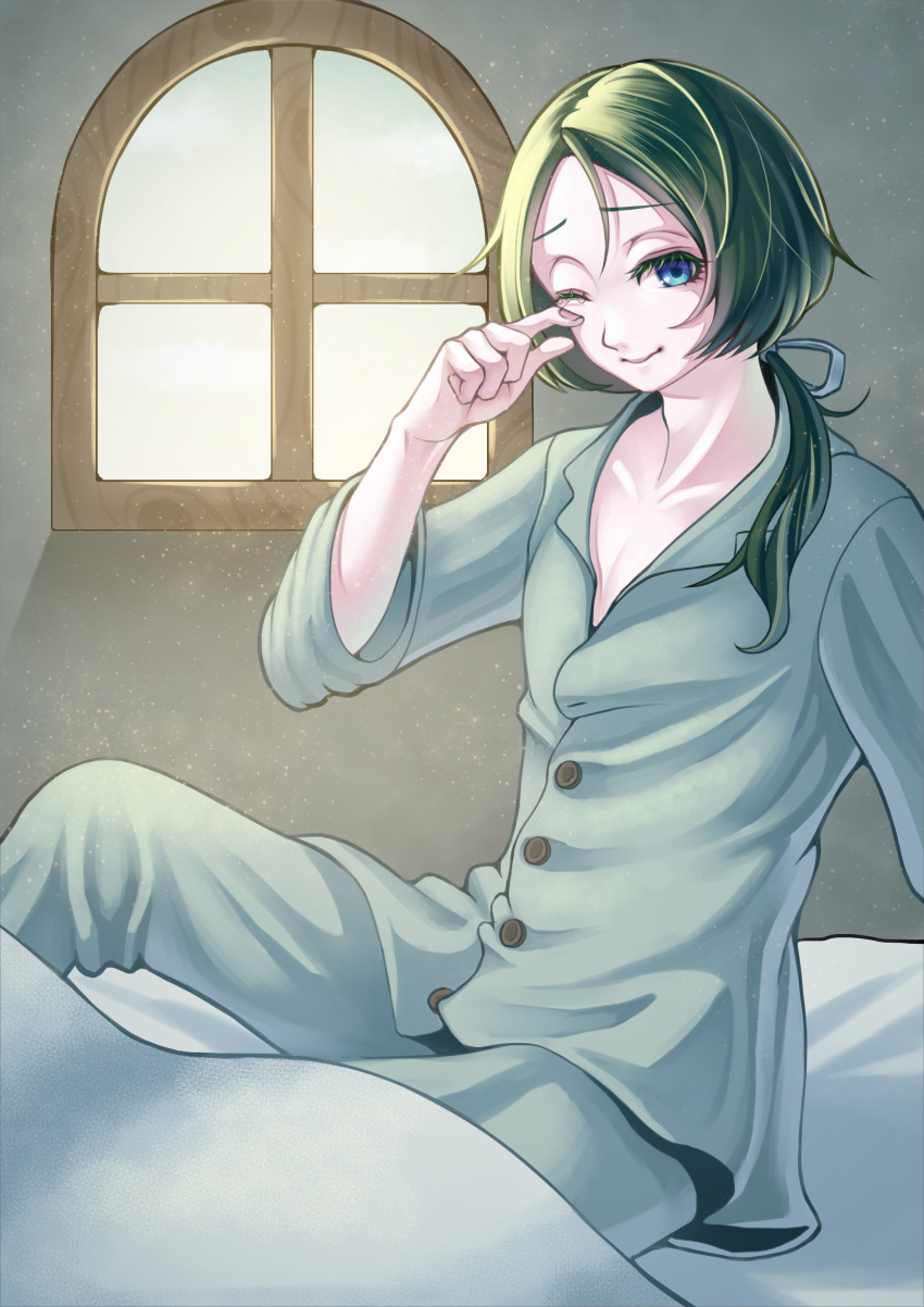 1boy absurdres bed blue_eyes fire_emblem fire_emblem:_three_houses green_eyes green_hair highres kedamarimo linhardt_von_hevring long_hair low_ponytail one_eye_closed sitting sleepwear solo tears window