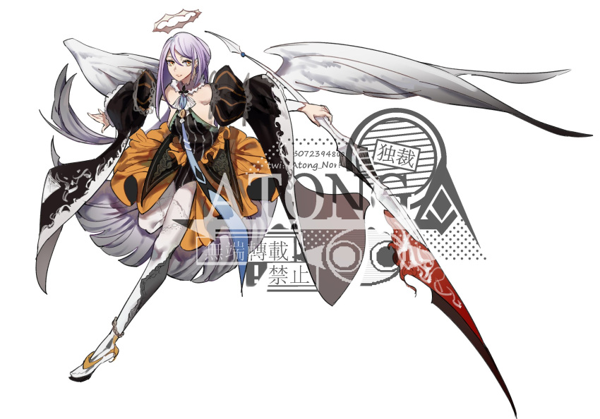 1girl angel angel_wings artist_name breasts chocolate_(jitong) detached_sleeves dress feathered_wings full_body halo highres holding holding_spear holding_weapon lavender_hair long_hair looking_at_viewer orange_dress original polearm puffy_sleeves simple_background small_breasts solo spear standing standing_on_one_leg thigh-highs twitter_username watermark weapon white_legwear white_wings wide_sleeves wings yellow_eyes