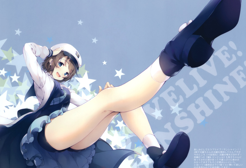 1girl absurdres bangs blue_background blue_eyes blue_footwear breasts eyebrows_visible_through_hair full_body hand_up hat highres light_brown_hair long_sleeves looking_at_viewer love_live! love_live!_sunshine!! medium_breasts necktie scan senji_(tegone_spike) shoes short_hair shorts simple_background skirt smile socks solo star watanabe_you white_legwear