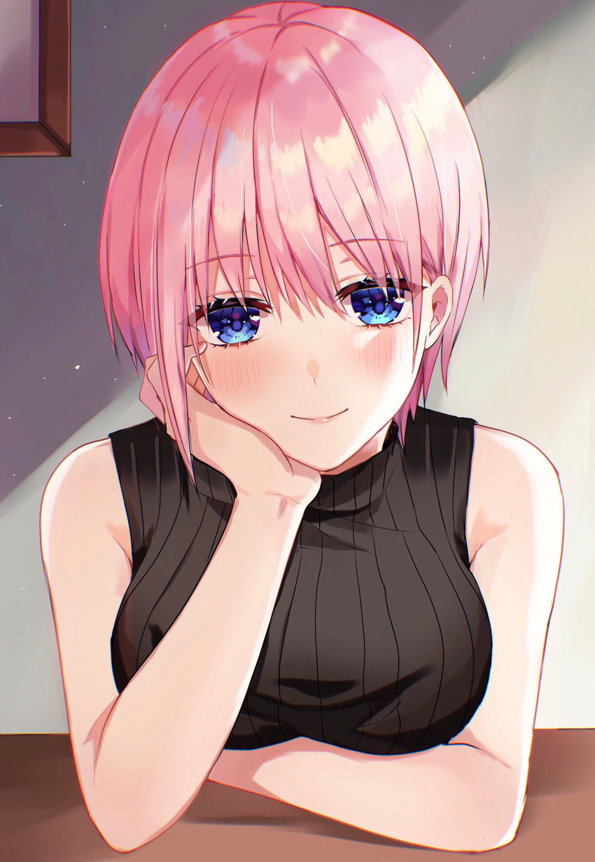 1girl absurdres arm_support blue_eyes blush breasts closed_mouth commentary_request go-toubun_no_hanayome highres indoors large_breasts looking_at_viewer nakano_ichika parum39 pink_hair shiny shiny_hair shiny_skin short_hair sidelocks smile sweater table upper_body