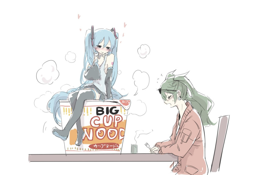 2girls aqua_eyes aqua_hair aqua_neckwear arm_support bare_shoulders black_legwear black_skirt black_sleeves blush chair commentary cup cup_noodle detached_sleeves dual_persona earrings eyewear_on_head finger_to_mouth fork green_hair grey_shirt hair_ornament hatsune_miku heart holding holding_fork jacket jewelry long_hair looking_at_another multiple_girls necktie nejikyuu nissin open_mouth oversized_food oversized_object ramen red_jacket shirt shoulder_tattoo sitting sketch skirt sleeveless sleeveless_shirt smile steam suna_no_wakusei_(vocaloid) sunglasses sweatdrop swinging_legs table tattoo tea teacup thigh-highs twintails v-shaped_eyebrows very_long_hair vocaloid white_shirt zettai_ryouiki