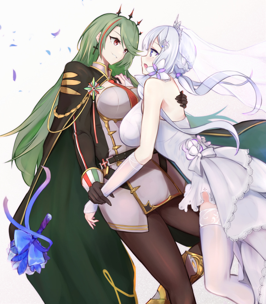 2girls aiguillette azur_lane bangs black_legwear blue_eyes blush boots bouquet braid breasts cape commentary_request crown_braid dress earrings elbow_gloves eye_contact flower gloves green_cape green_hair grin hair_ribbon headgear highres illustrious_(azur_lane) illustrious_(morning_star_of_love_and_hope)_(azur_lane) jewelry knee_boots lace_trim large_breasts littorio_(azur_lane) looking_at_another marshall2033 medal mole mole_under_eye multicolored_hair multiple_girls necktie open_mouth pantyhose petals red_eyes red_neckwear redhead ribbon shrug_(clothing) sidelocks sleeve_cuffs smile strapless strapless_dress streaked_hair thigh-highs tiara veil wedding_dress white_background white_dress white_footwear white_hair yuri