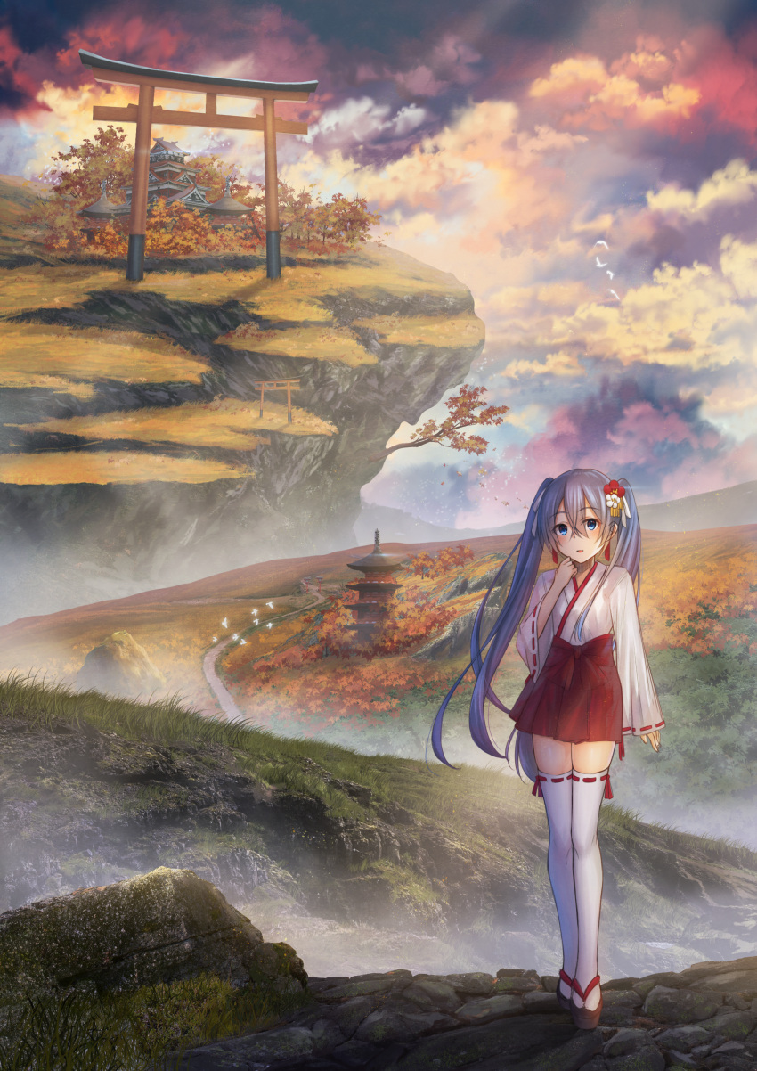 1girl absurdres akky_(akimi1127) autumn_leaves bangs black_footwear blue_eyes blue_hair clouds cloudy_sky commentary_request eyebrows_visible_through_hair flower hair_between_eyes hair_flower hair_ornament hakama hakama_skirt hand_up hatsune_miku highres huge_filesize japanese_clothes kimono leaf long_hair long_sleeves looking_at_viewer maple_leaf miko outdoors pagoda parted_lips red_flower red_hakama ribbon-trimmed_legwear ribbon-trimmed_sleeves ribbon_trim scenery sky sleeves_past_wrists smile solo standing thigh-highs torii twintails very_long_hair vocaloid white_flower white_kimono white_legwear wide_shot wide_sleeves zouri