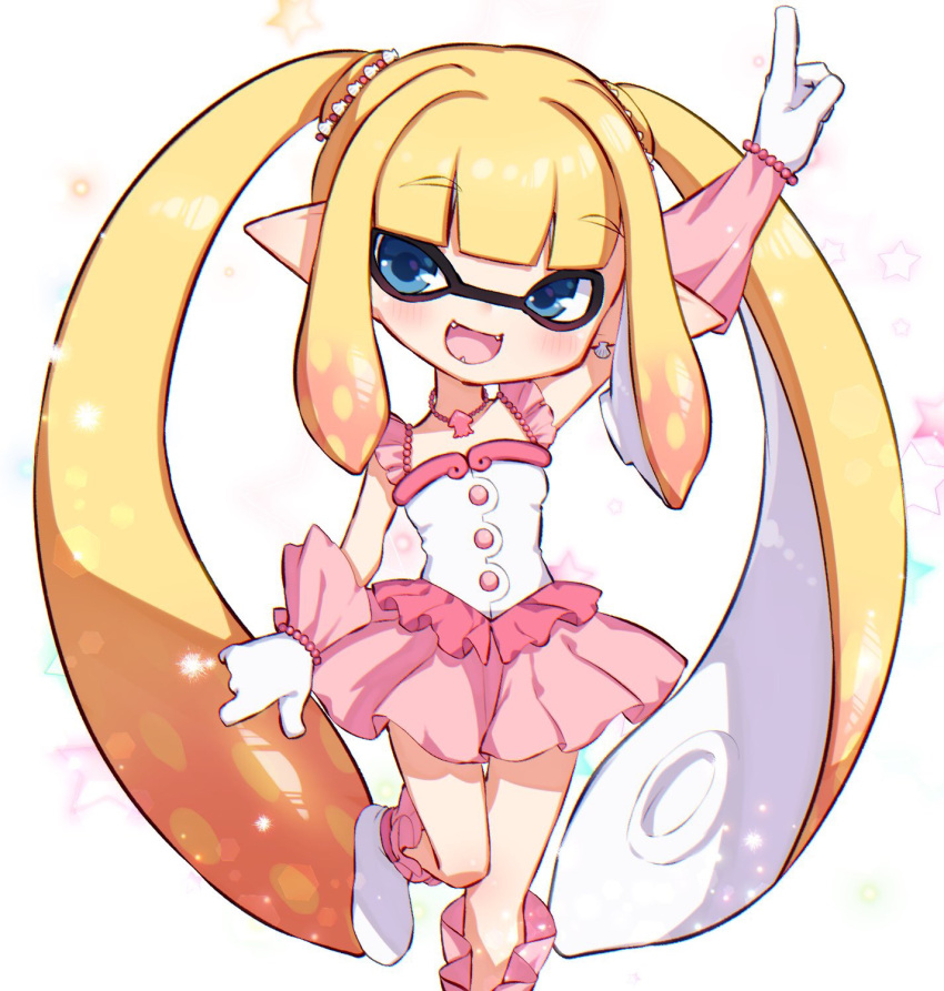 1girl :d bangs blonde_hair blue_eyes blunt_bangs blush boots busujima_funya commentary_request cosplay domino_mask dress earrings eyebrows_visible_through_hair fangs frilled_dress frills gloves gradient_hair hair_tie head_tilt highres idol idol_(7th_dragon) inkling jewelry knee_boots leg_up light_particles long_hair looking_at_viewer mask mermaid_melody_pichi_pichi_pitch multicolored_hair nanami_lucia necklace open_mouth partial_commentary pink_dress pointing pointing_up pointy_ears short_dress sleeveless sleeveless_dress smile solo sparkle splatoon_(series) squid standing standing_on_one_leg star starry_background tentacle_hair very_long_hair white_gloves