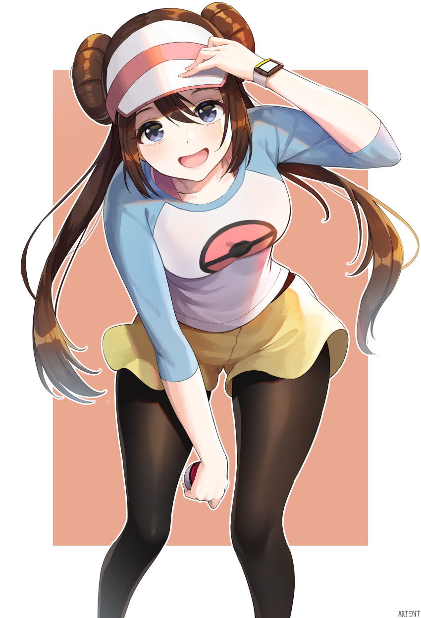 1girl absurdres arjent artist_name bag black_legwear blue_eyes blush breasts brown_eyes double_bun full_body hair_bun highres legwear_under_shorts looking_at_viewer low_twintails mei_(pokemon) open_mouth pantyhose poke_ball pokemon pokemon_(game) pokemon_bw2 pokemon_masters shorts smile solo twintails visor_cap