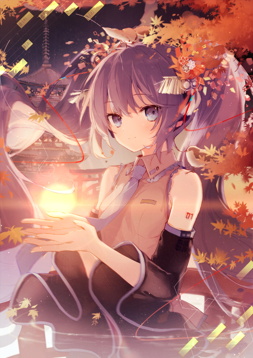 1girl absurdres animal autumn_leaves bare_shoulders bird black_sleeves blue_eyes blue_hair blue_neckwear blush breasts closed_mouth collared_shirt commentary detached_sleeves floating_hair grey_shirt hair_ornament hands_up hatsune_miku highres leaf long_hair long_sleeves looking_at_viewer maple_leaf necktie shirt sidelocks sleeveless sleeveless_shirt small_breasts smile solo suzumori_uina twintails very_long_hair vocaloid wide_sleeves