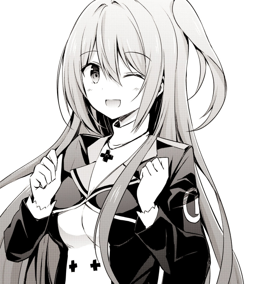 1girl bangs black_jacket blush breasts commentary game_club_project greyscale highres hyurasan jacket jewelry large_breasts long_hair long_sleeves looking_at_viewer monochrome necklace one_eye_closed one_side_up open_mouth school_uniform shirt smile upper_body white_background white_shirt yumesaki_kaede