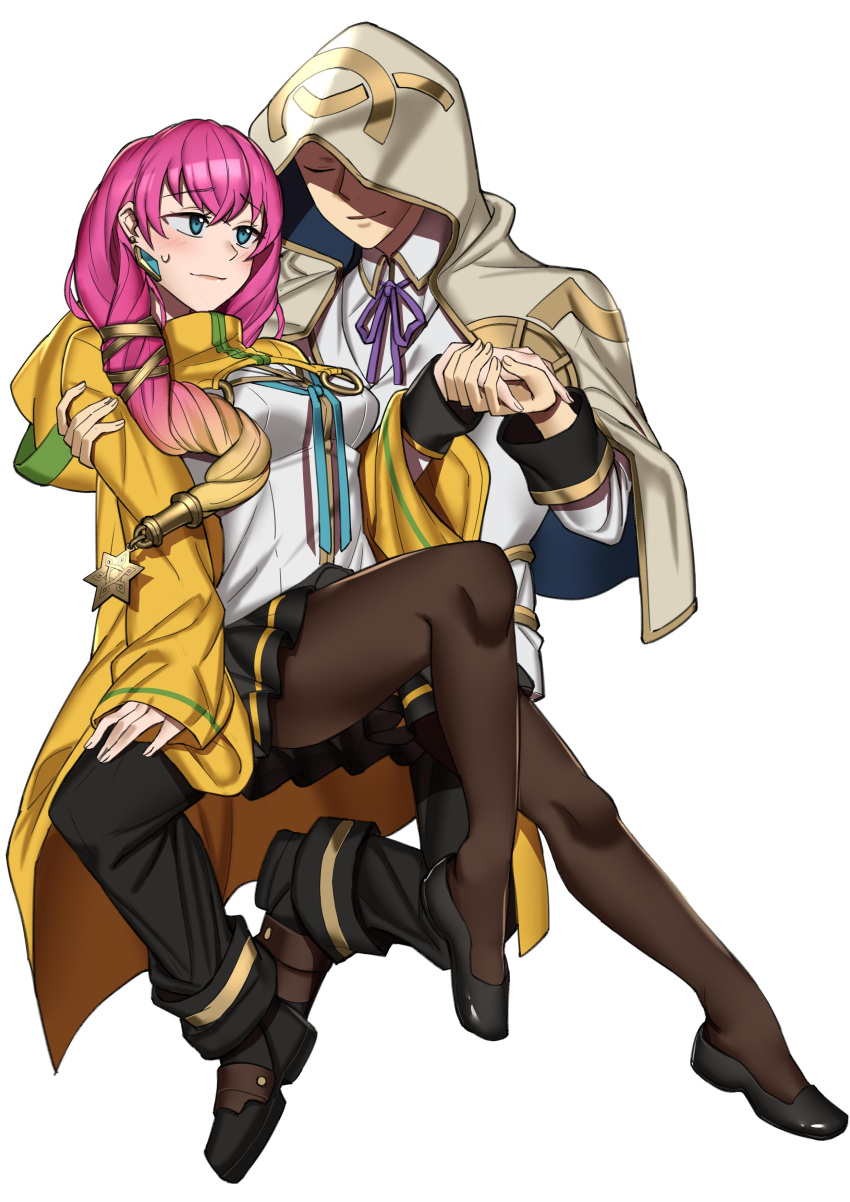 1boy 1girl absurdres black_pants black_skirt blazblue blazblue_phase_0 blonde_hair blue_eyes closed_eyes closed_mouth commission cosplay earrings ebinku fire_emblem fire_emblem_heroes gradient_hair gunnthra_(fire_emblem) hair_ornament highres holding_hands hood hood_up jewelry kazuma_kuvaru kazuma_kuvaru_(cosplay) kiran_(fire_emblem) long_hair long_sleeves multicolored_hair pants pantyhose pink_hair simple_background skirt trinity_glassfield trinity_glassfield_(cosplay) white_background