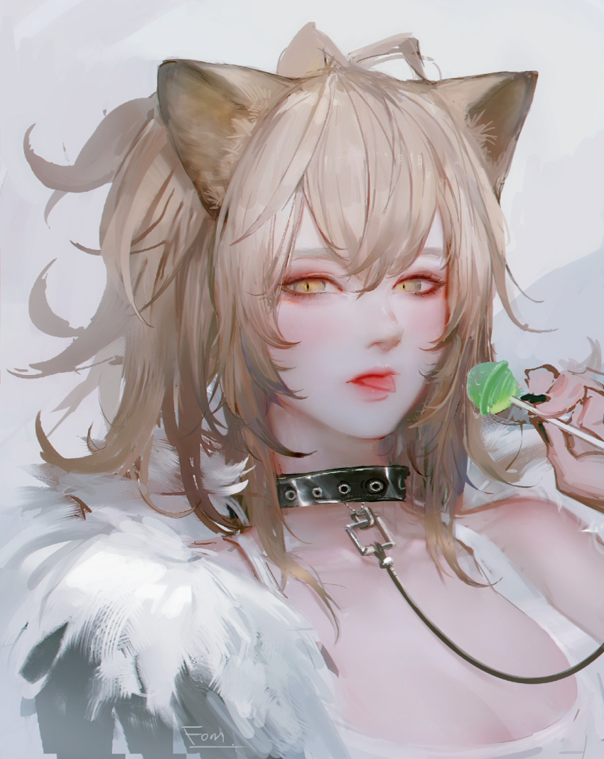 1girl animal_ears arknights artist_name black_nails blonde_hair candy chinese_commentary collar commentary_request fom_(lifotai) food fur-trimmed_jacket fur_trim hair_between_eyes highres jacket leash lion_ears lollipop long_hair looking_at_viewer nail_polish nose portrait siege_(arknights) sketch solo studded_collar tank_top tongue yellow_eyes