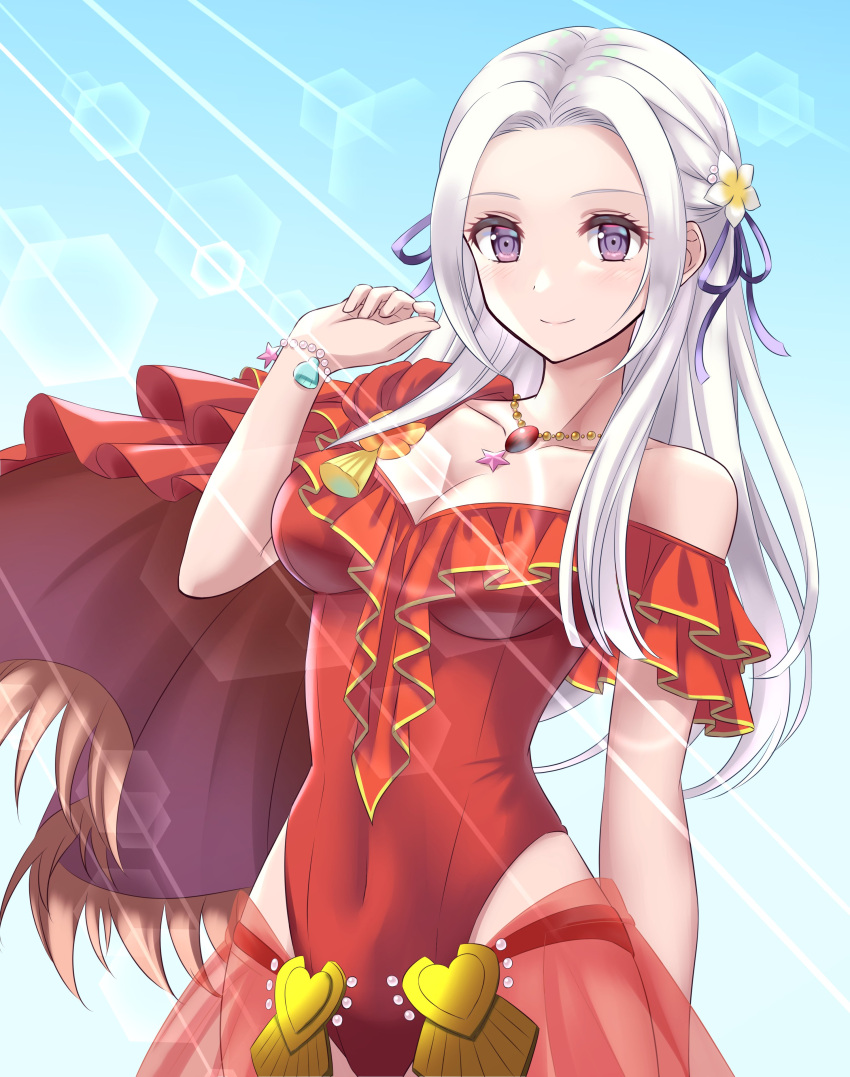 1girl absurdres bangs blush edelgard_von_hresvelg fire_emblem fire_emblem:_three_houses fire_emblem_heroes flower hair_ornament hair_ribbon highres kakiko210 long_hair looking_at_viewer one-piece_swimsuit open_mouth ribbon solo swimsuit violet_eyes white_hair