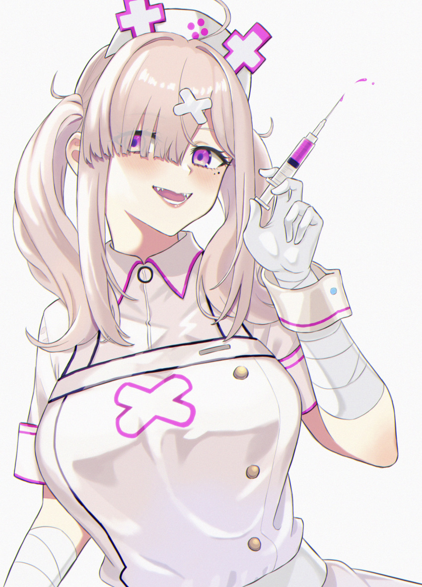 1girl ahoge ampm000 apron bandages bangs blush breasts buttons chromatic_aberration dress gloves hair_ornament hair_over_one_eye hat highres holding holding_syringe large_breasts long_hair looking_at_viewer nijisanji nurse nurse_cap open_mouth sharp_teeth silver_hair simple_background smile solo sukoya_kana syringe teeth twintails upper_body violet_eyes virtual_youtuber white_apron white_background white_dress white_gloves white_headwear wrist_cuffs x_hair_ornament