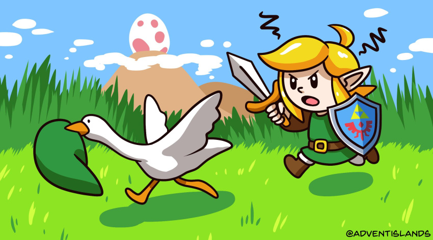 1boy adventislands angry blonde_hair chasing chibi goose_(untitled_goose_game) hat highres link mountain pointy_ears shield sword the_legend_of_zelda the_legend_of_zelda:_link's_awakening untitled_goose_game weapon