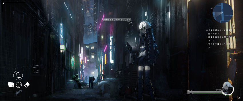 1girl 3others absurdres alley asteroid_ill bad_id bad_twitter_id black_footwear black_jacket black_legwear black_shorts boots building cityscape commentary cyberpunk dark fake_screenshot green_eyes heads-up_display highres holding holding_phone iz_(asteroid_ill) jacket lights long_hair long_sleeves multiple_others neon_lights night open_clothes open_jacket original outdoors phone scenery shirt shorts skyscraper sleeves_past_wrists solo_focus speech_bubble standing thigh-highs translated user_interface very_long_hair white_hair white_shirt wide_shot window