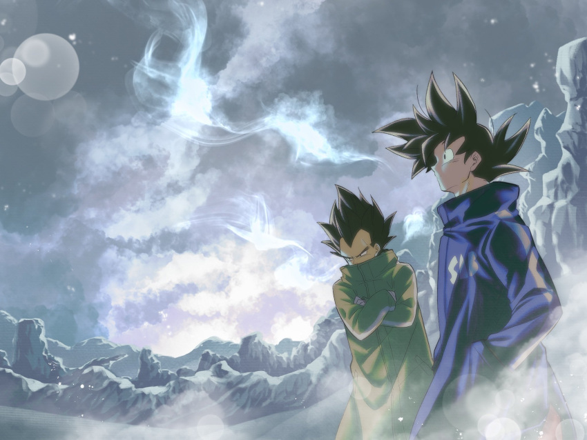 2boys annoyed black_eyes black_hair blue_coat blurry bokeh breath clothes_writing coat covered_mouth crossed_arms day depth_of_field dragon_ball dragon_ball_super dragon_ball_super_broly dragon_ball_z dutch_angle expressionless fisheye floating_hair frown gloves green_coat grey_sky hands_in_pockets highres horizon looking_away looking_up male_focus mattari_illust mountain multiple_boys outdoors profile shaded_face son_gokuu spiky_hair standing upper_body vegeta white_gloves wide-eyed wide_shot winter_clothes winter_coat