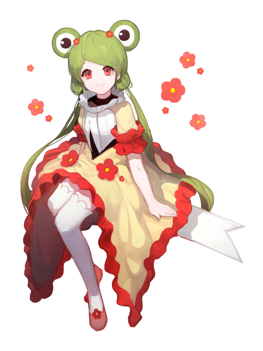 1girl absurdres commentary dress flower frills frog_girl from_above green_hair highres long_hair looking_at_viewer mycash75 orange_dress original red_eyes red_flower sitting smile solo thigh-highs twintails white_legwear