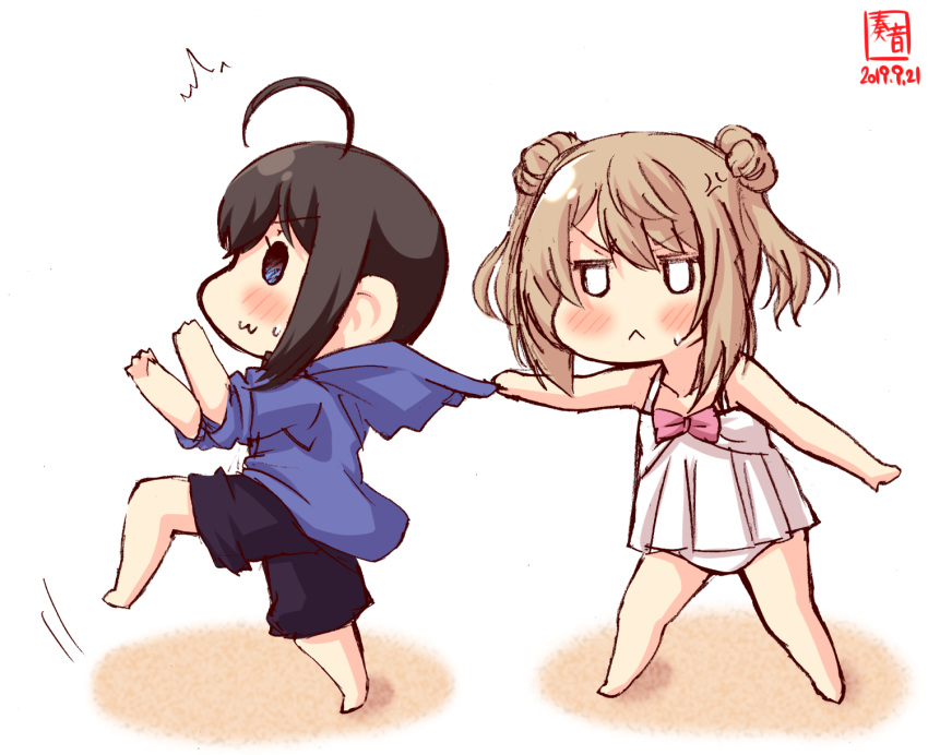 2girls :&lt; :3 ahoge alternate_costume anger_vein artist_logo black_hair blue_eyes blue_hoodie casual_one-piece_swimsuit child clothes_grab collarbone dated double_bun hair_bun highres hood hood_down hoodie kanon_(kurogane_knights) kantai_collection light_brown_hair michishio_(kantai_collection) multiple_girls one-piece_swimsuit shigure_(kantai_collection) short_hair short_twintails surprised sweatdrop swimsuit twintails white_swimsuit younger