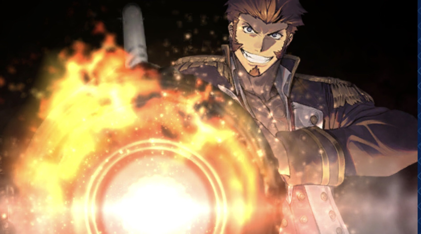 1boy beard blue_eyes brown_hair chest epaulettes facial_hair fate/grand_order fate_(series) fighting_stance highres huge_weapon long_sleeves looking_at_viewer male_focus military muscle napoleon_bonaparte_(fate/grand_order) official_art pectorals ryota-h scar simple_background smile solo uniform upper_body weapon